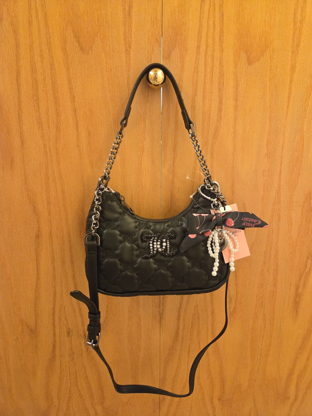 Juicy Couture Black Quilted Shoulder Bag with Chain Strap and Charm Cluster